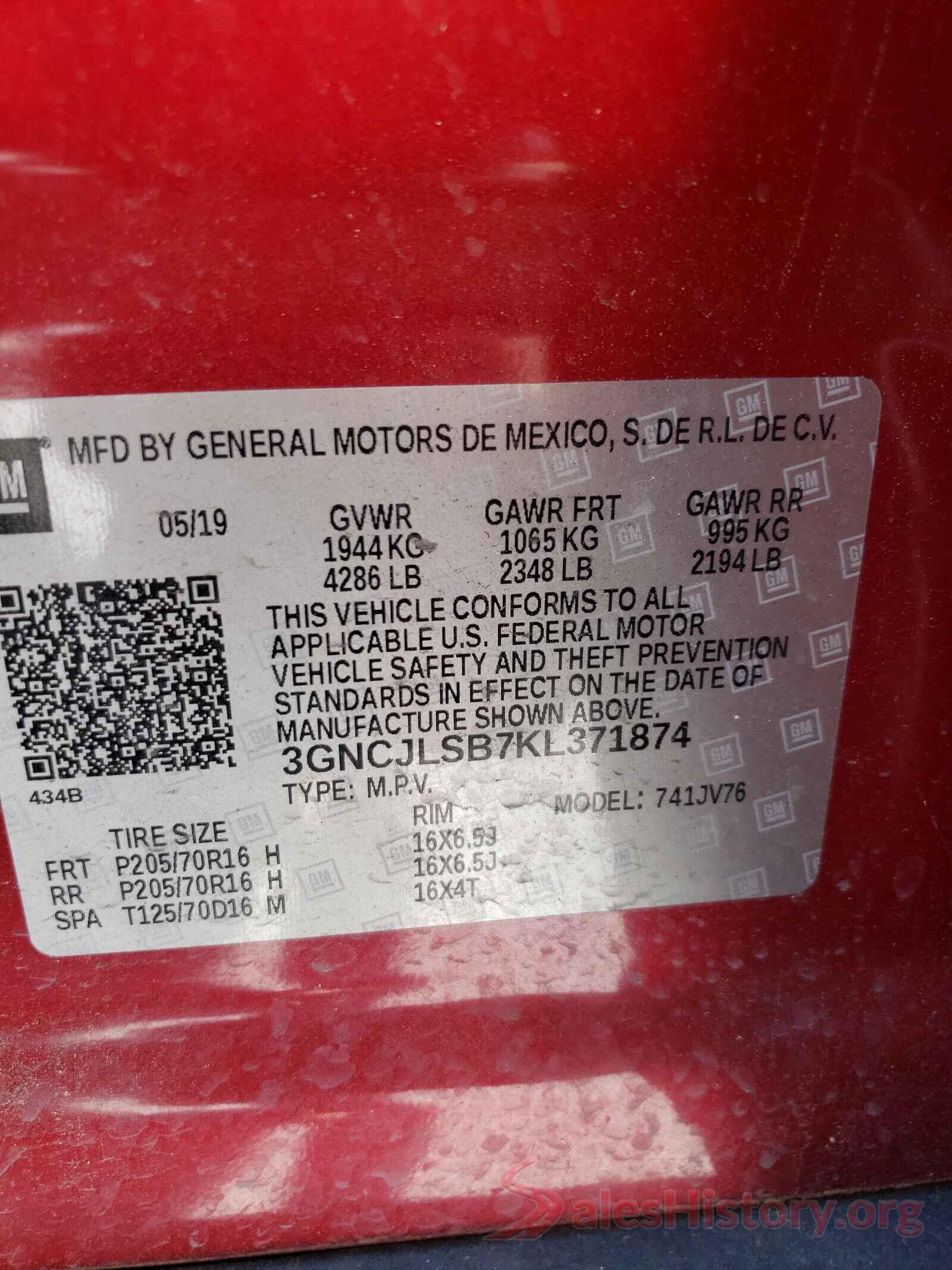 3GNCJLSB7KL371874 2019 CHEVROLET TRAX