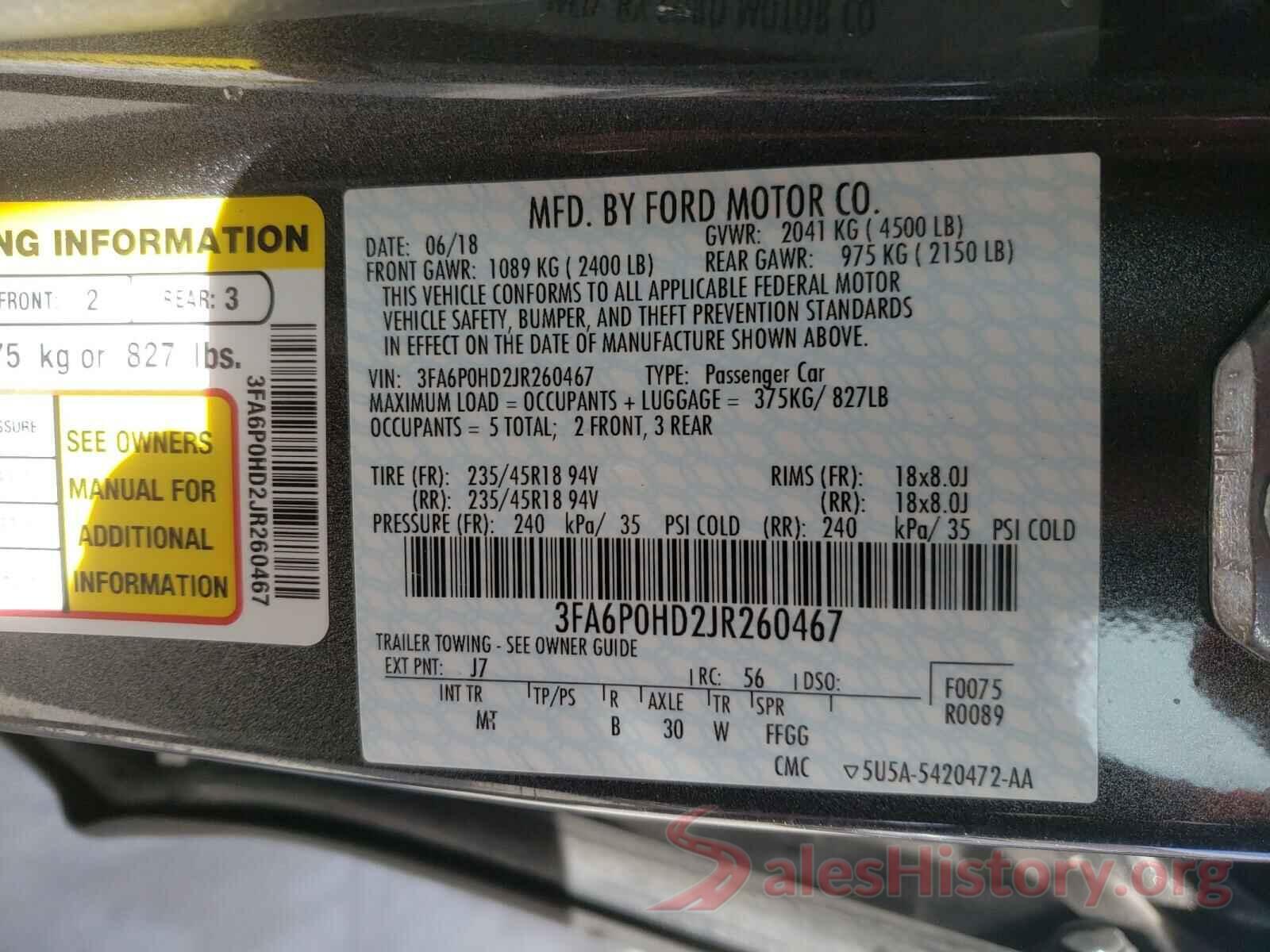 3FA6P0HD2JR260467 2018 FORD FUSION