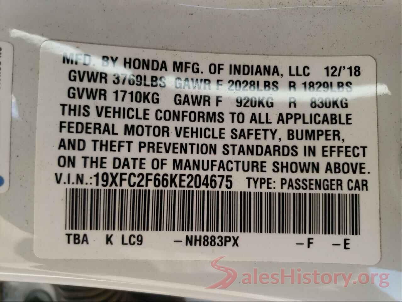 19XFC2F66KE204675 2019 HONDA CIVIC