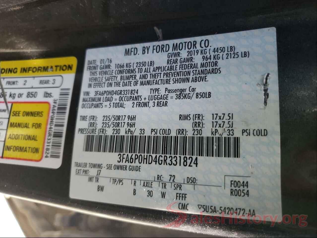 3FA6P0HD4GR331824 2016 FORD FUSION