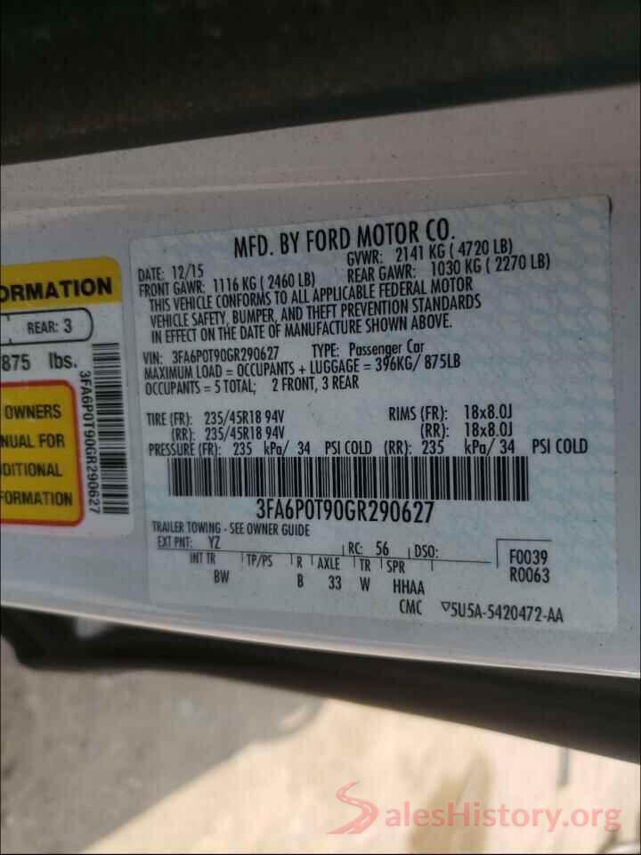 3FA6P0T90GR290627 2016 FORD FUSION