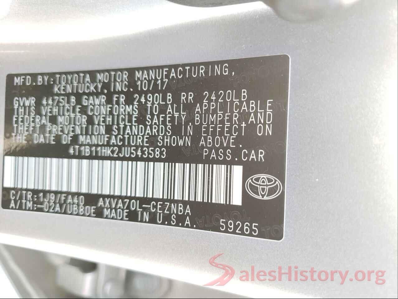 4T1B11HK2JU543583 2018 TOYOTA CAMRY