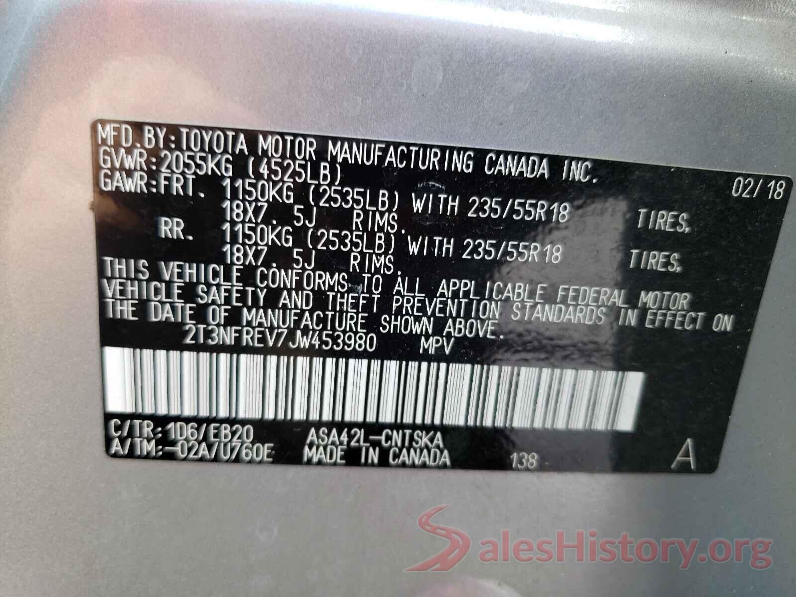 2T3NFREV7JW453980 2018 TOYOTA RAV4