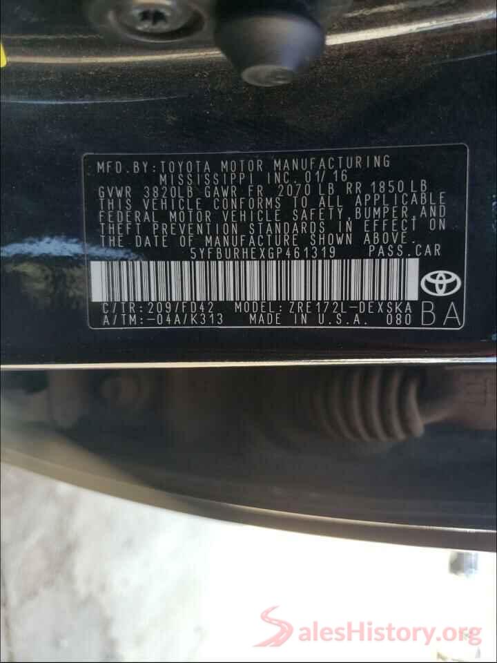 5YFBURHEXGP461319 2016 TOYOTA COROLLA