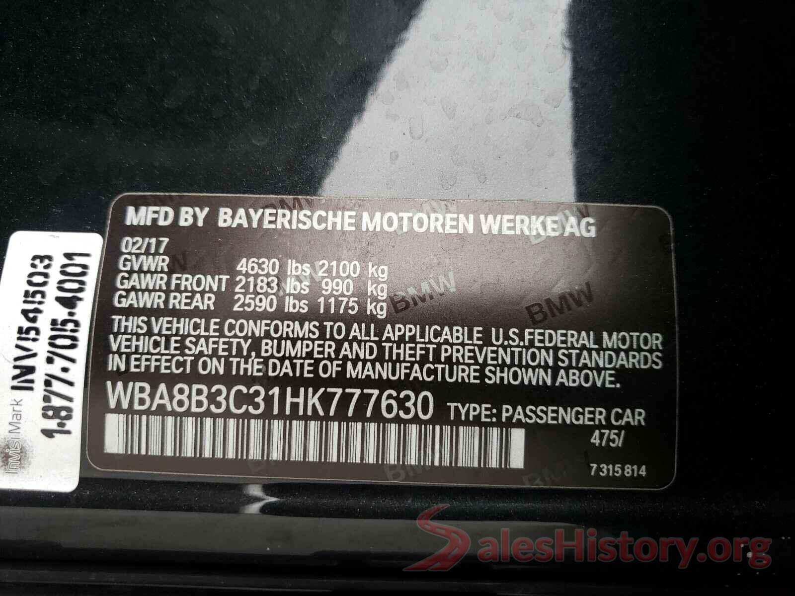 WBA8B3C31HK777630 2017 BMW 3 SERIES