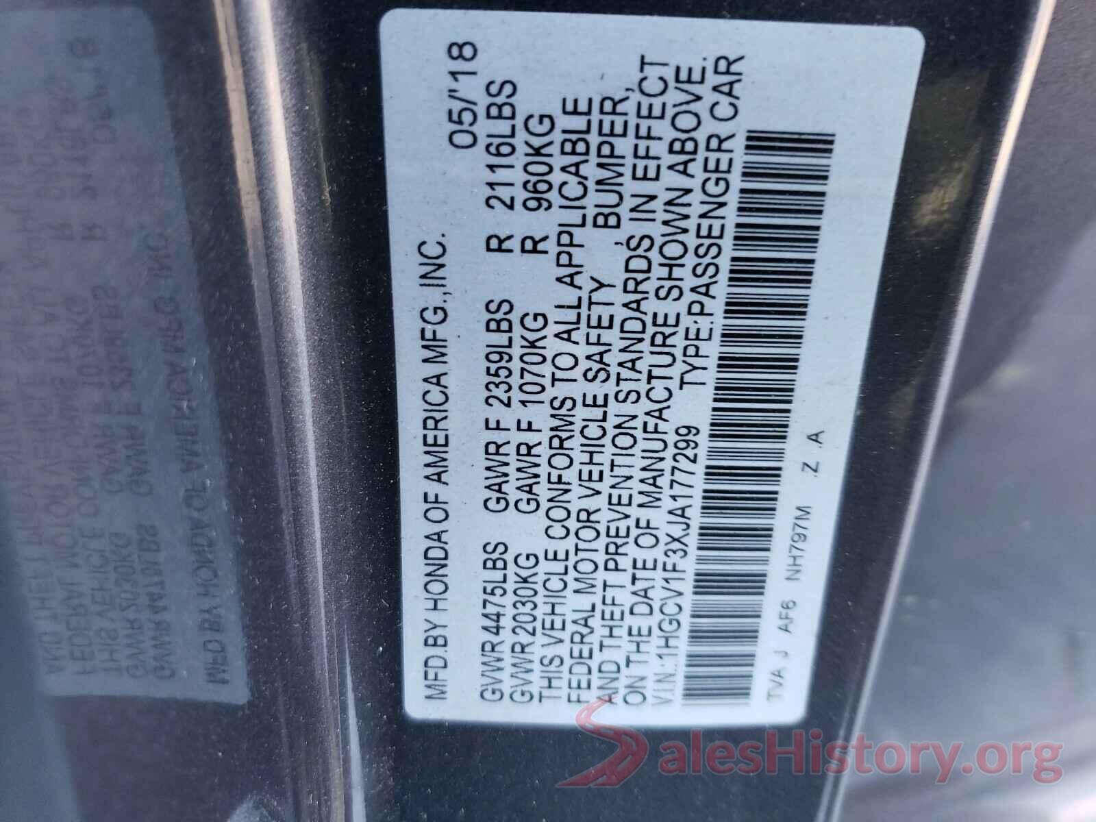 1HGCV1F3XJA177299 2018 HONDA ACCORD