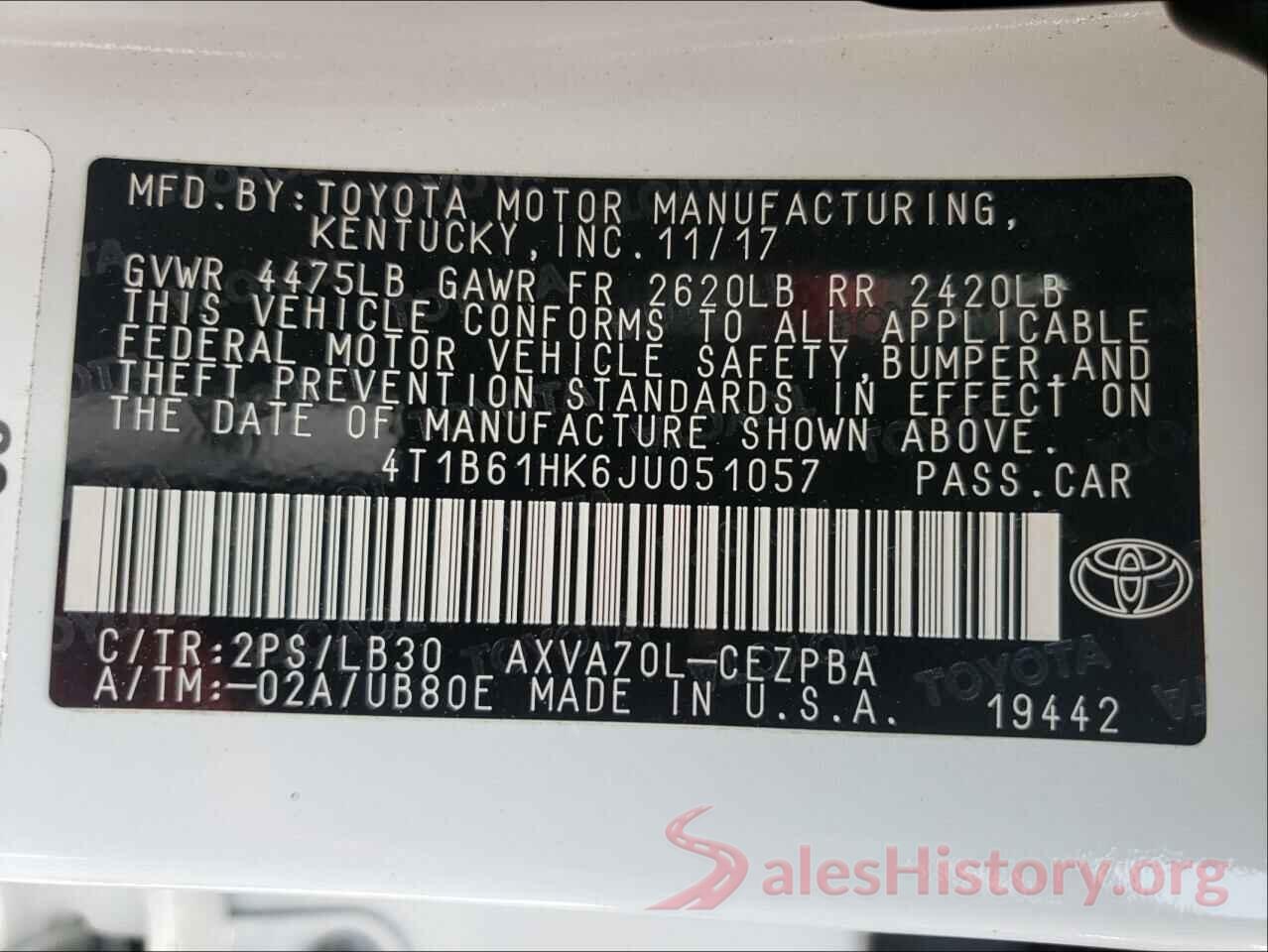 4T1B61HK6JU051057 2018 TOYOTA CAMRY