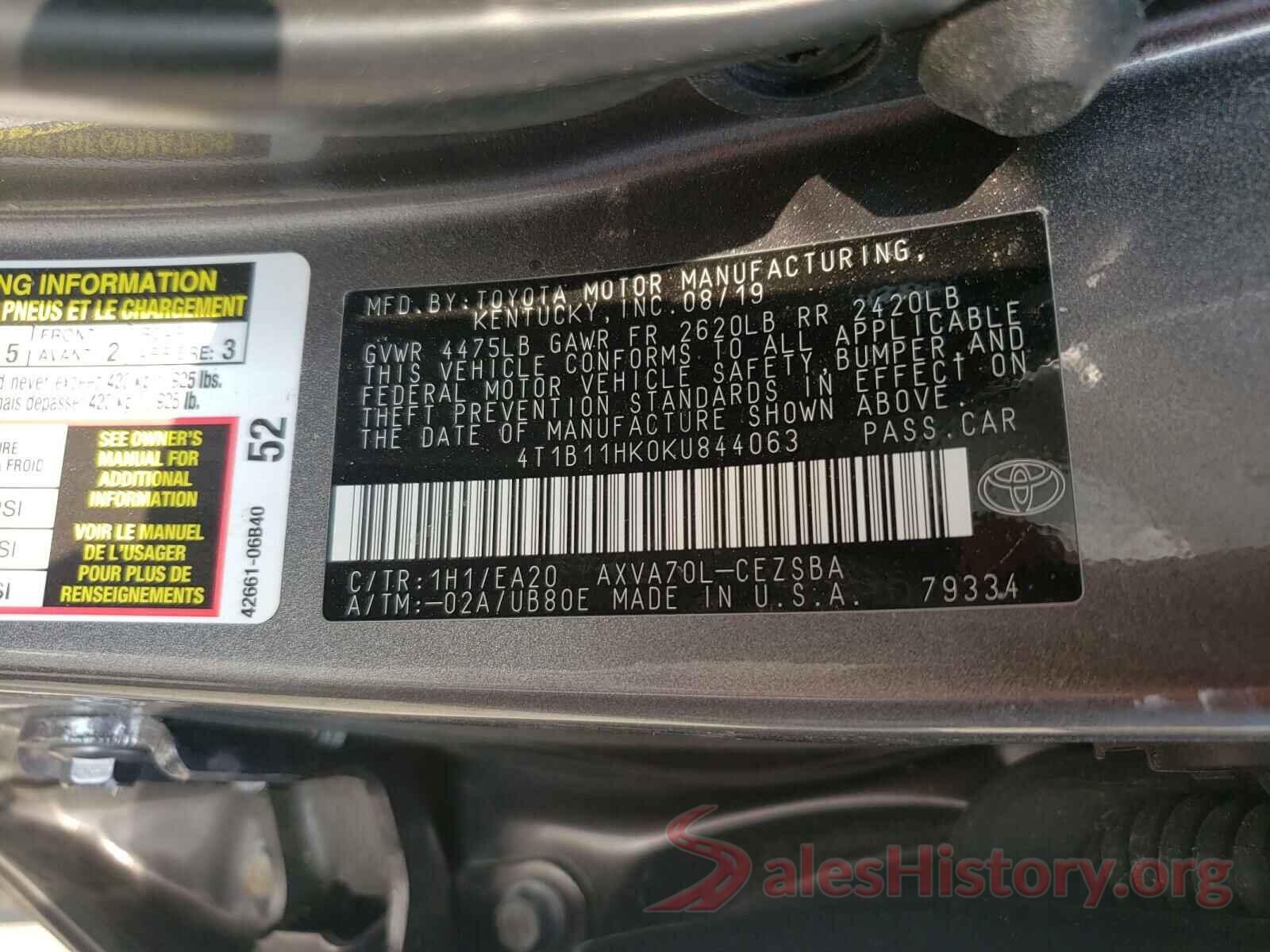 4T1B11HK0KU844063 2019 TOYOTA CAMRY