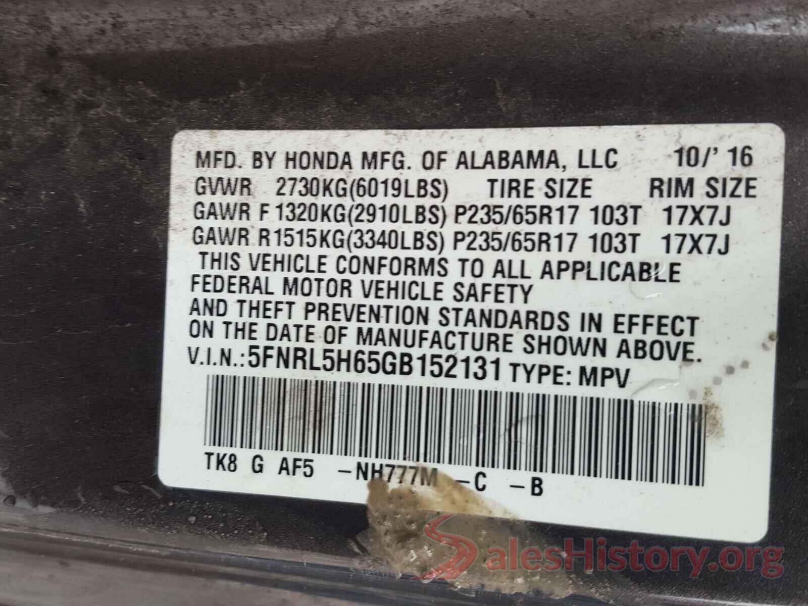 5FNRL5H65GB152131 2016 HONDA ODYSSEY