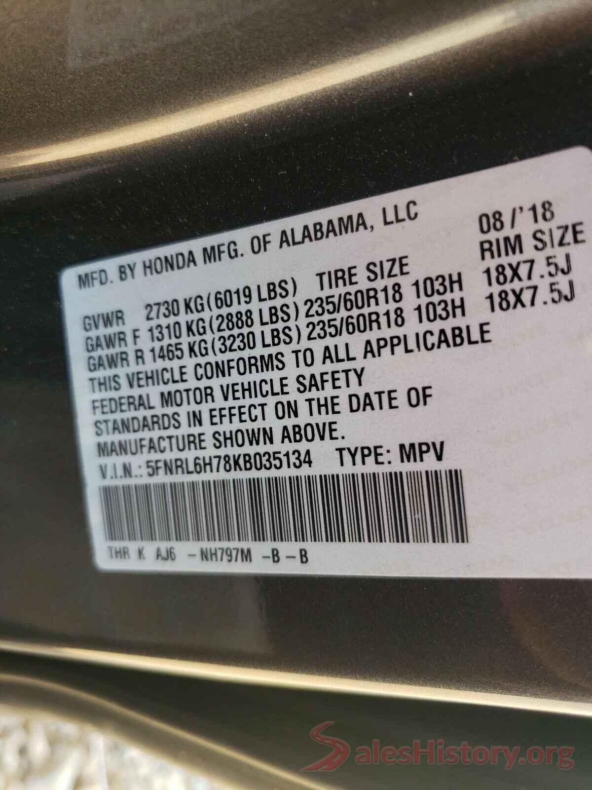 5FNRL6H78KB035134 2019 HONDA ODYSSEY