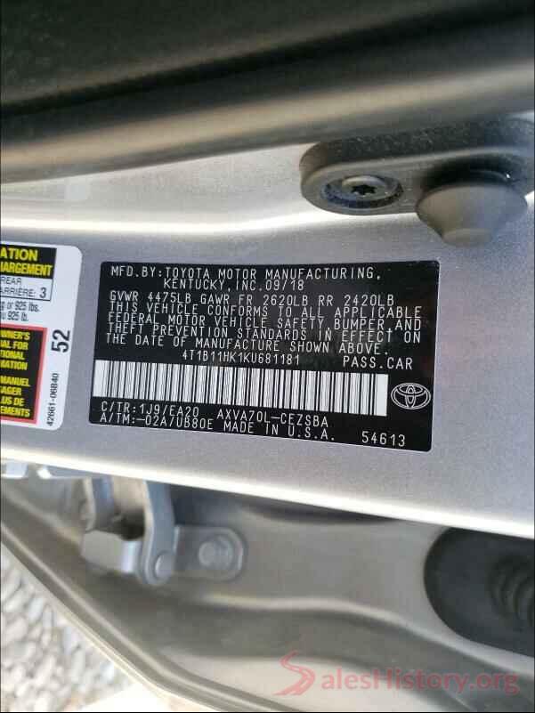 4T1B11HK1KU681181 2019 TOYOTA CAMRY