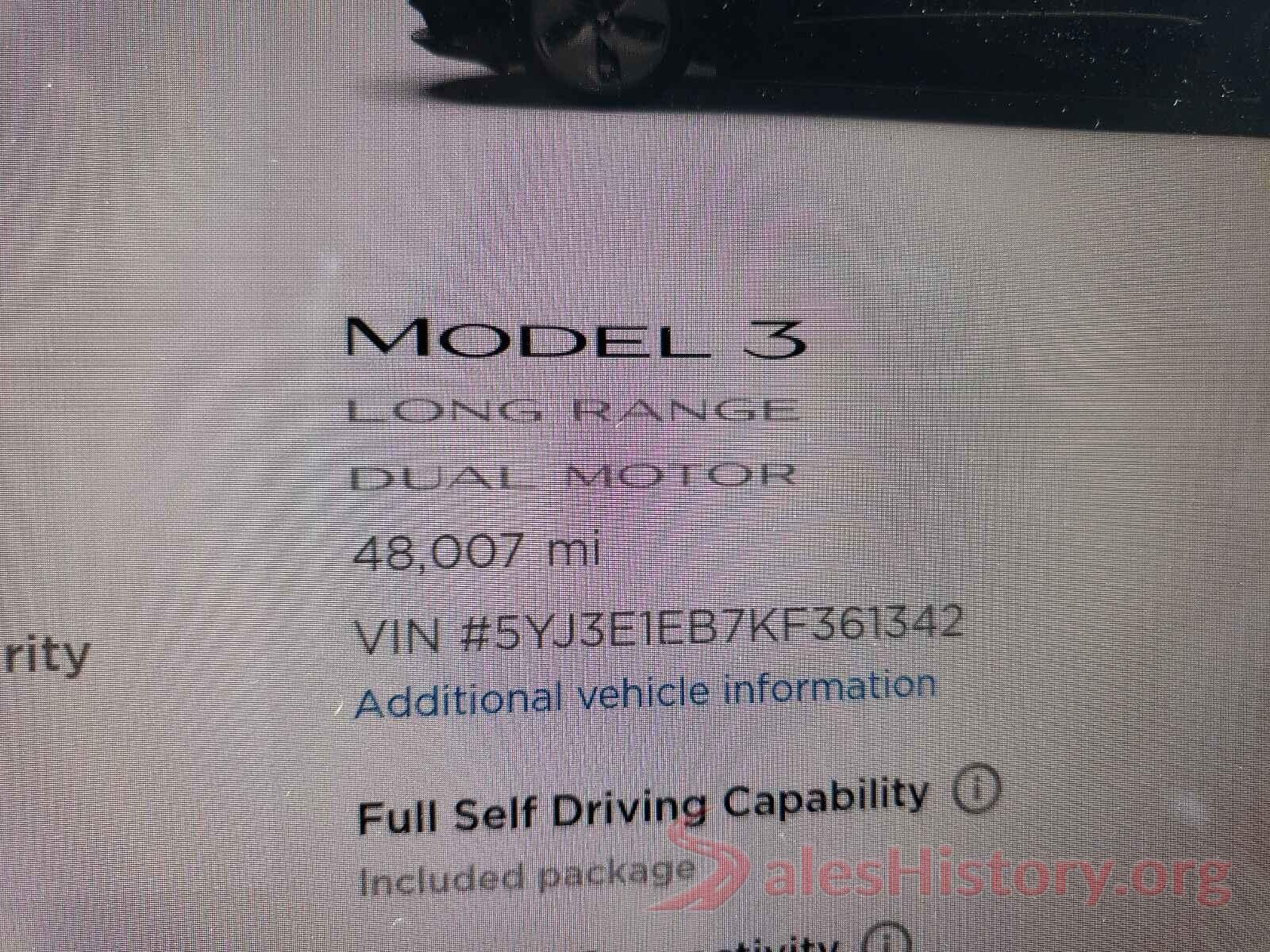 5YJ3E1EB7KF361342 2019 TESLA MODEL 3