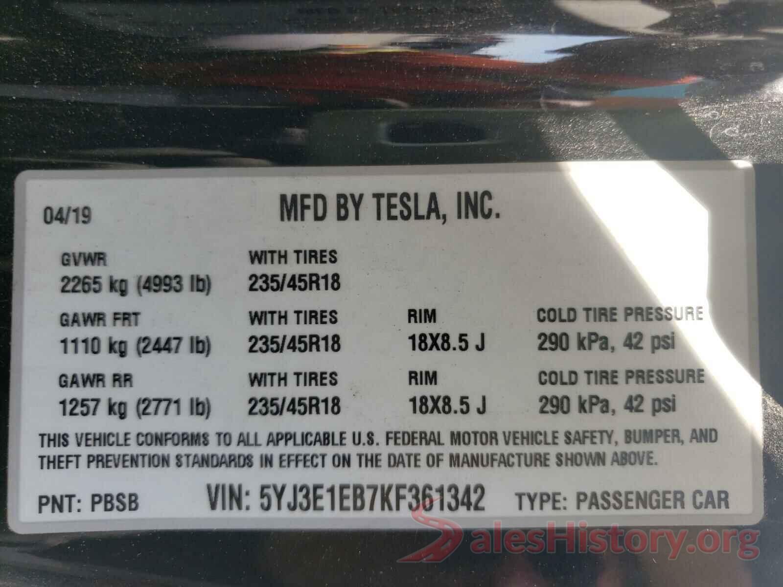 5YJ3E1EB7KF361342 2019 TESLA MODEL 3