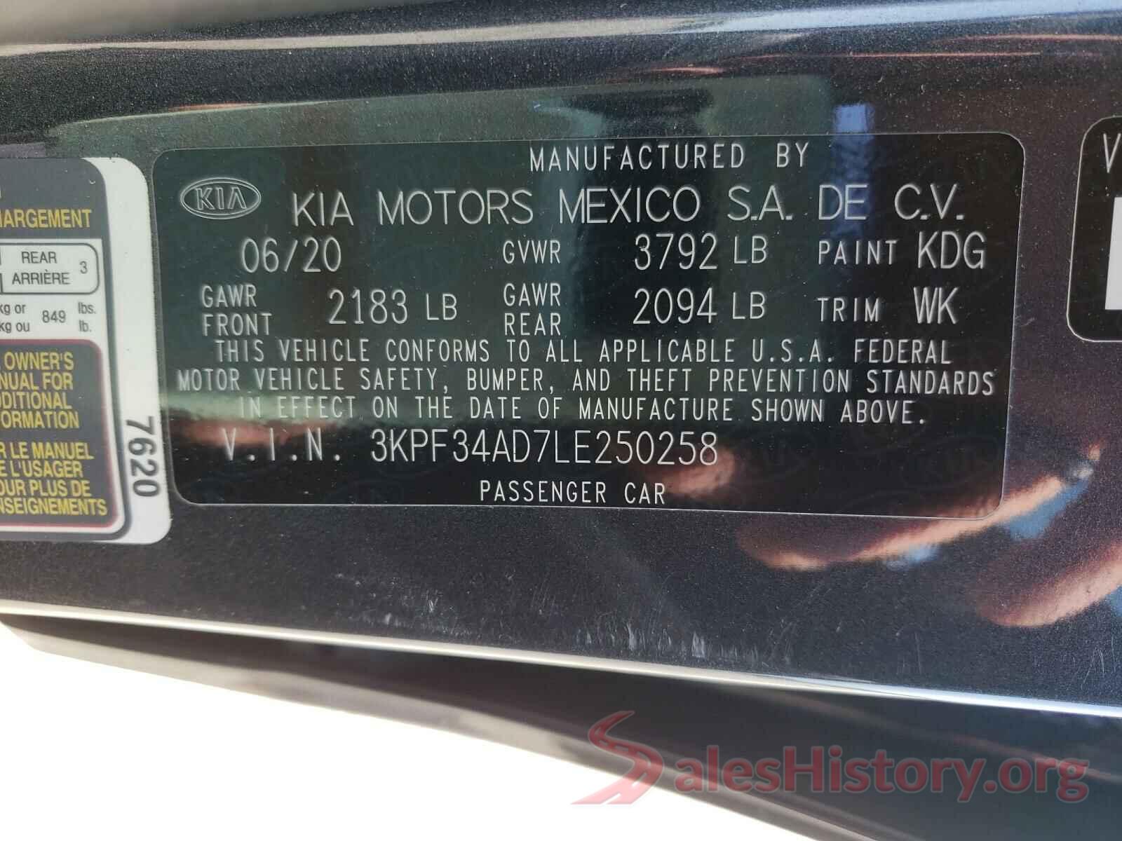 3KPF34AD7LE250258 2020 KIA FORTE