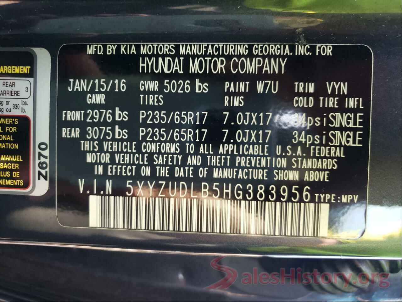 5XYZUDLB5HG383956 2017 HYUNDAI SANTA FE