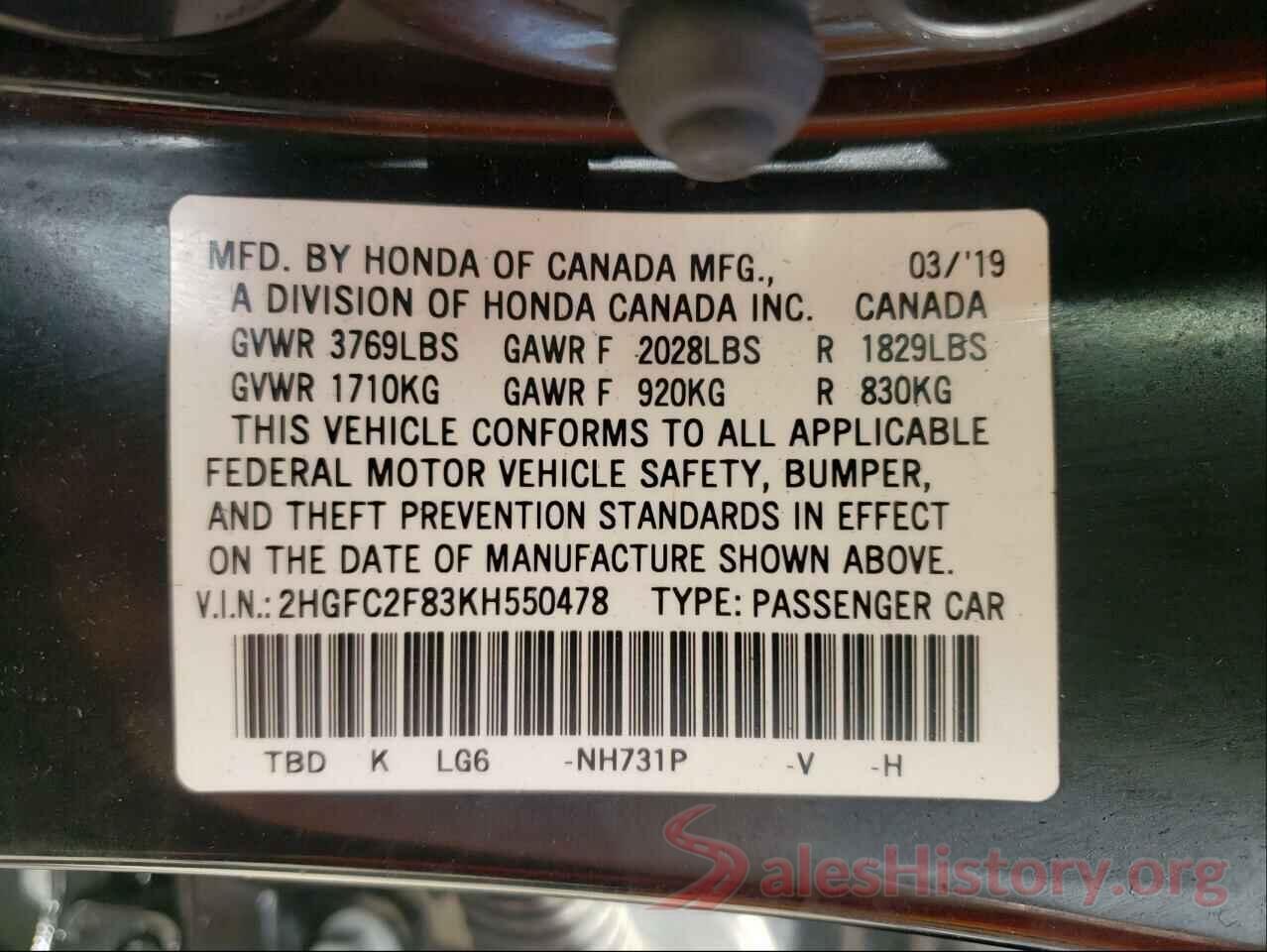 2HGFC2F83KH550478 2019 HONDA CIVIC