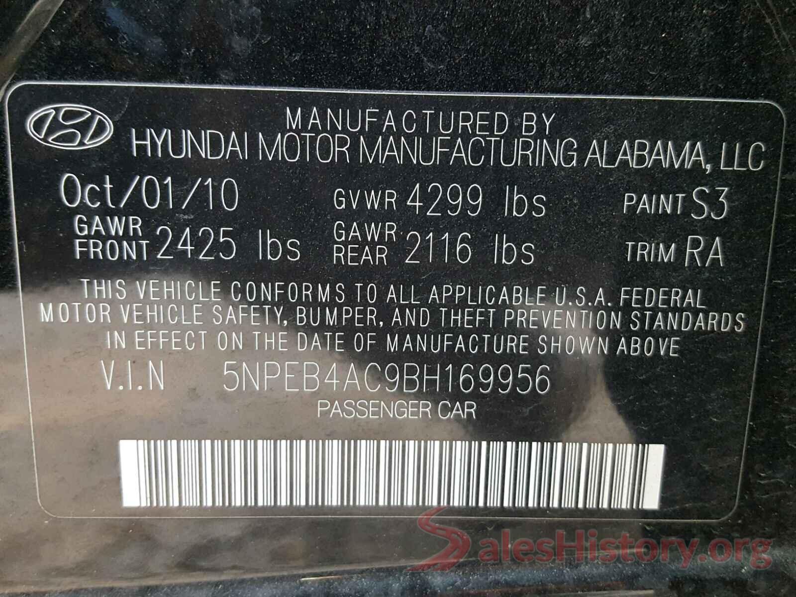 5NPEB4AC9BH169956 2011 HYUNDAI SONATA