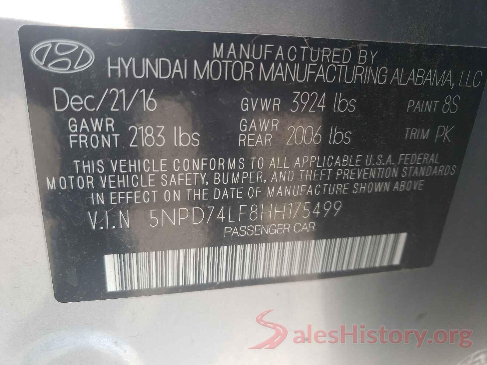 5NPD74LF8HH175499 2017 HYUNDAI ELANTRA