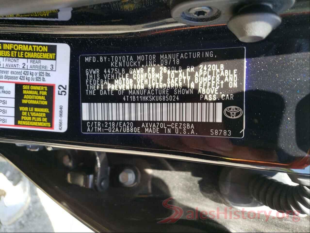 4T1B11HK5KU685024 2019 TOYOTA CAMRY