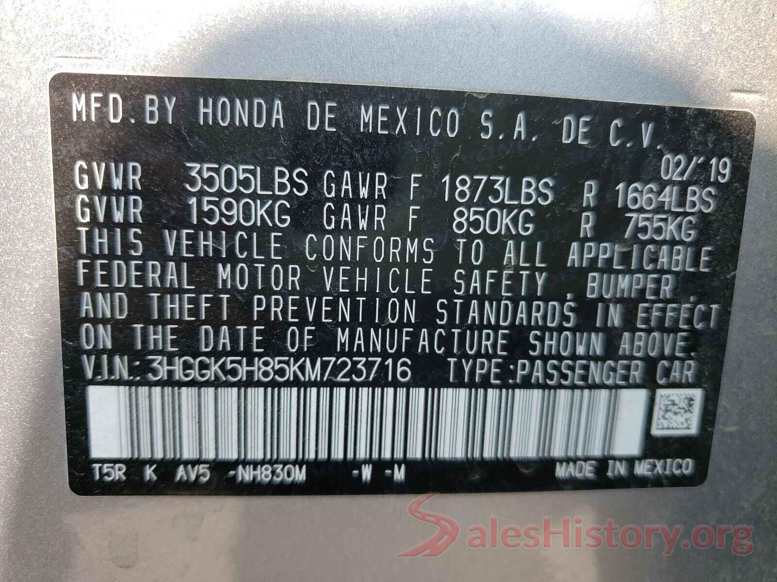 3HGGK5H85KM723716 2019 HONDA FIT