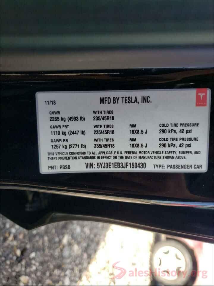 5YJ3E1EB3JF150430 2018 TESLA MODEL 3