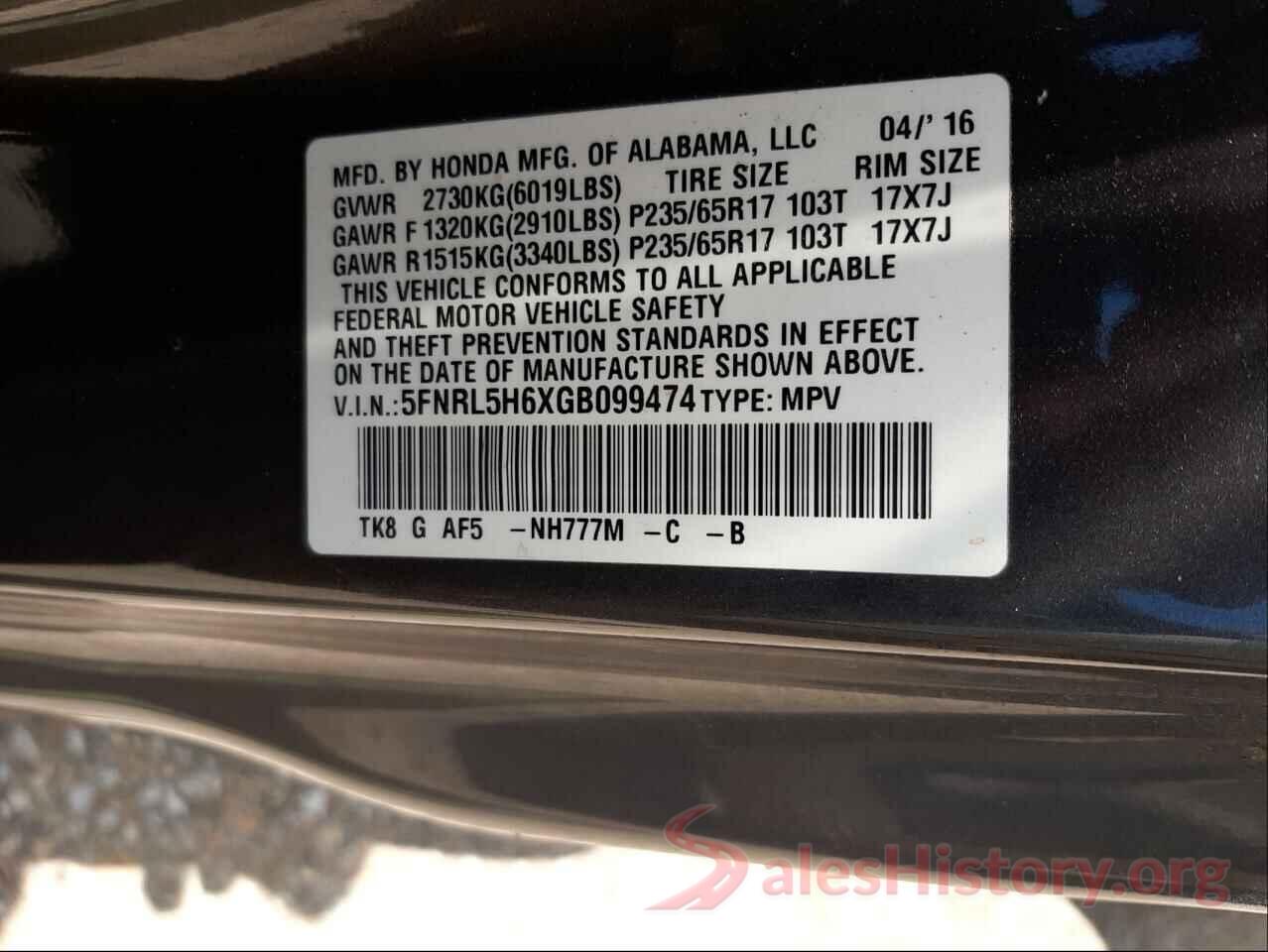 5FNRL5H6XGB099474 2016 HONDA ODYSSEY