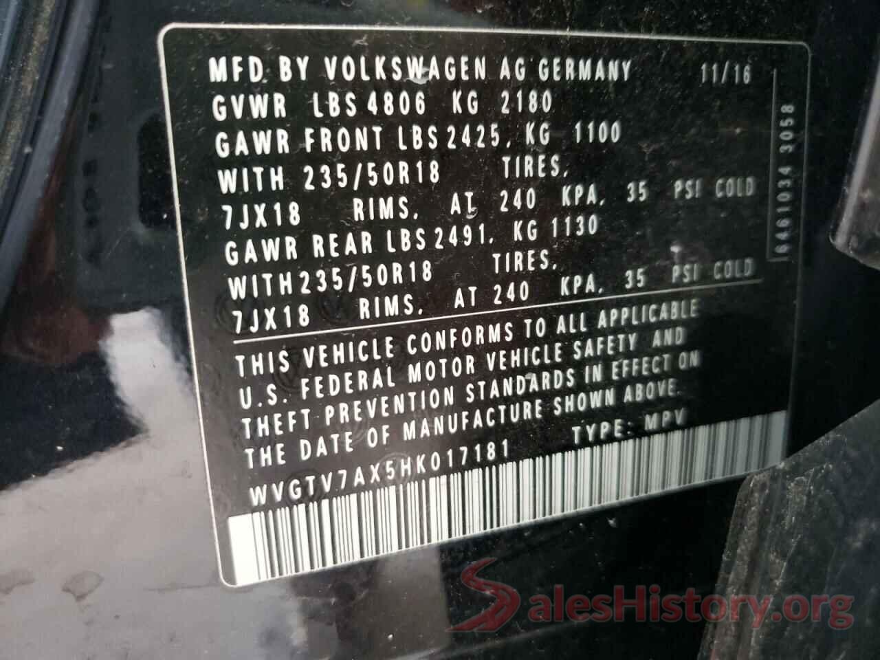 WVGTV7AX5HK017181 2017 VOLKSWAGEN TIGUAN