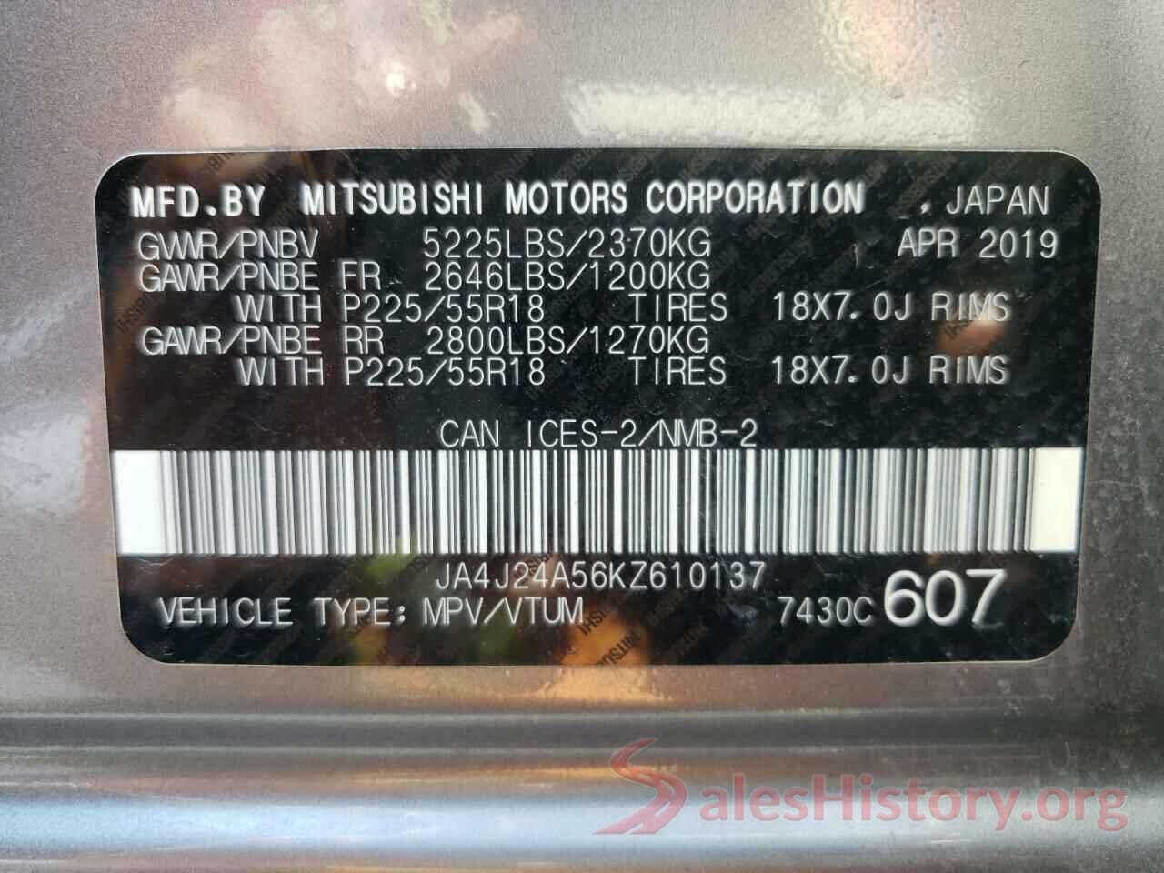 JA4J24A56KZ610137 2019 MITSUBISHI OUTLANDER