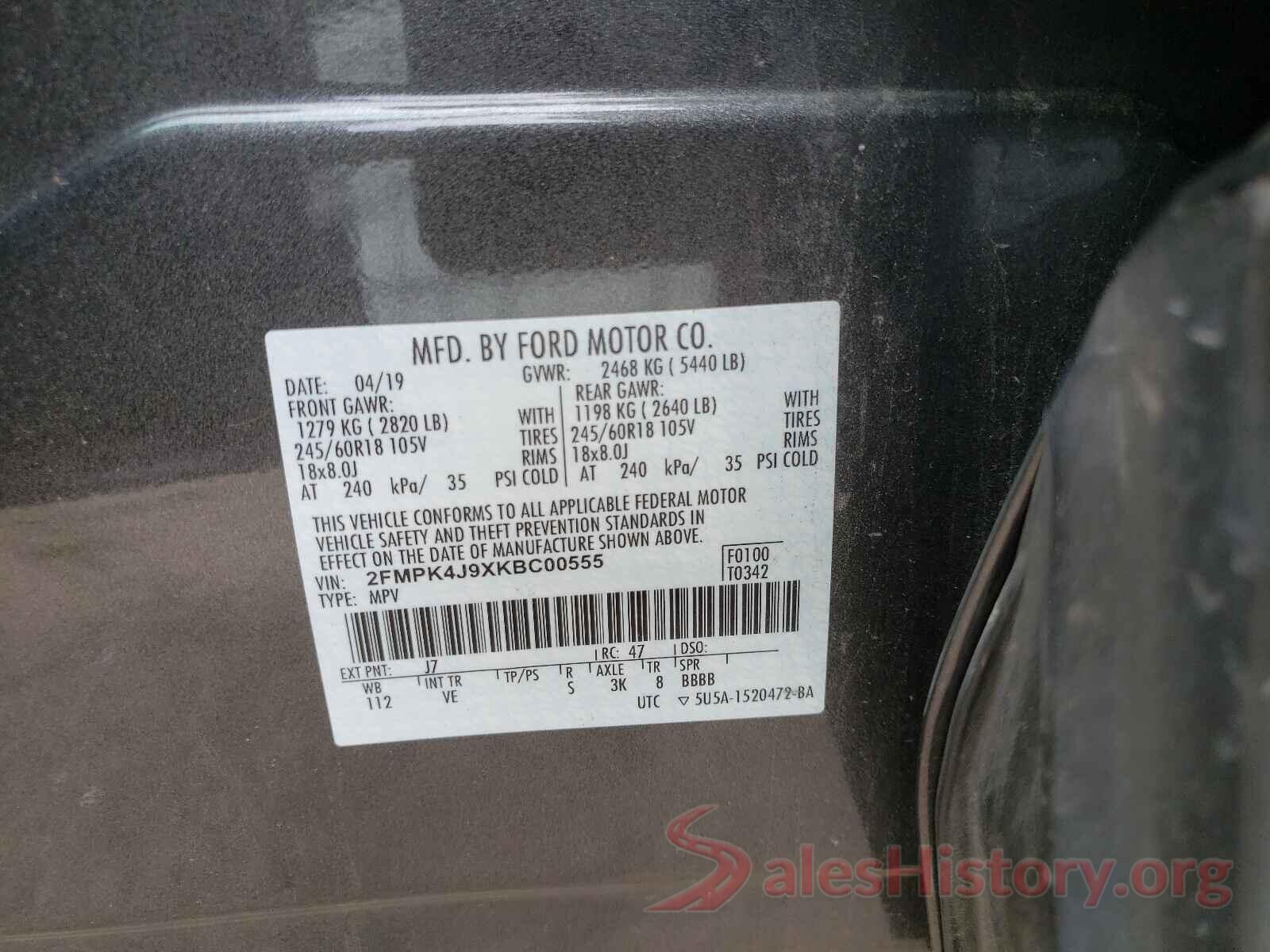 2FMPK4J9XKBC00555 2019 FORD EDGE