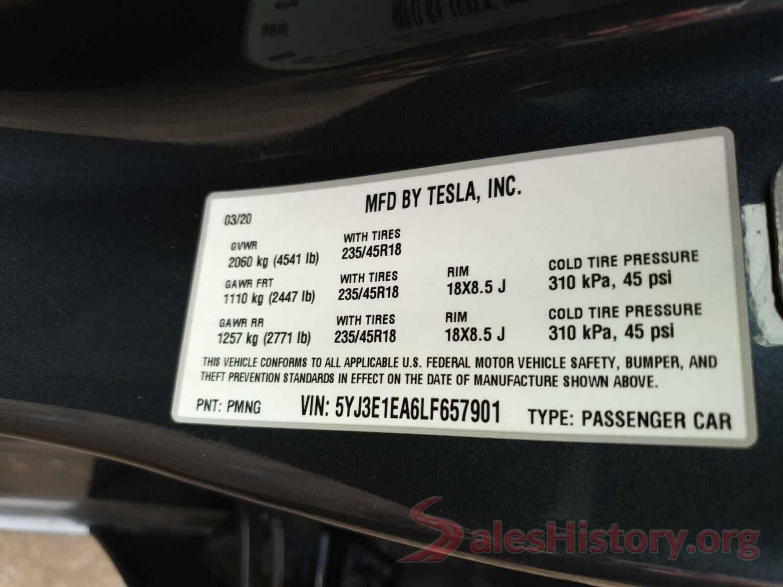 5YJ3E1EA6LF657901 2020 TESLA MODEL 3