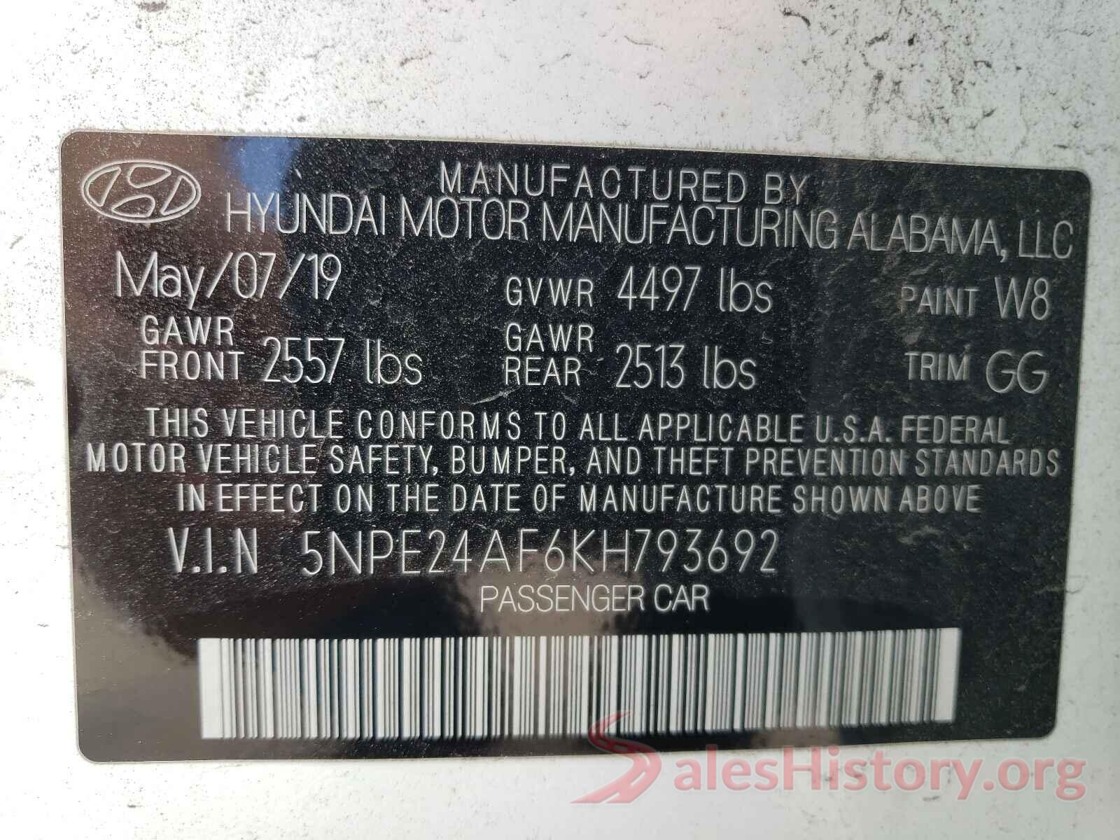 5NPE24AF6KH793692 2019 HYUNDAI SONATA