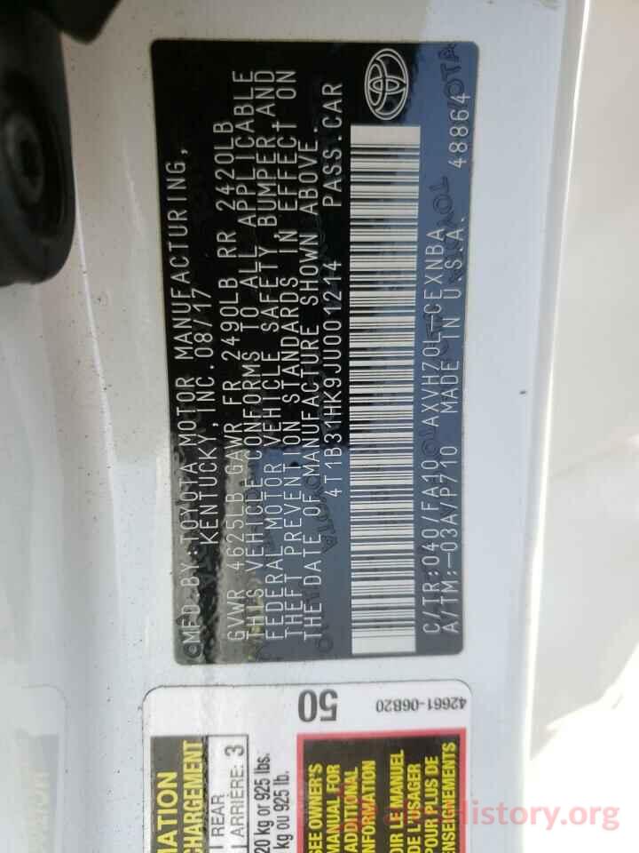 4T1B31HK9JU001214 2018 TOYOTA CAMRY