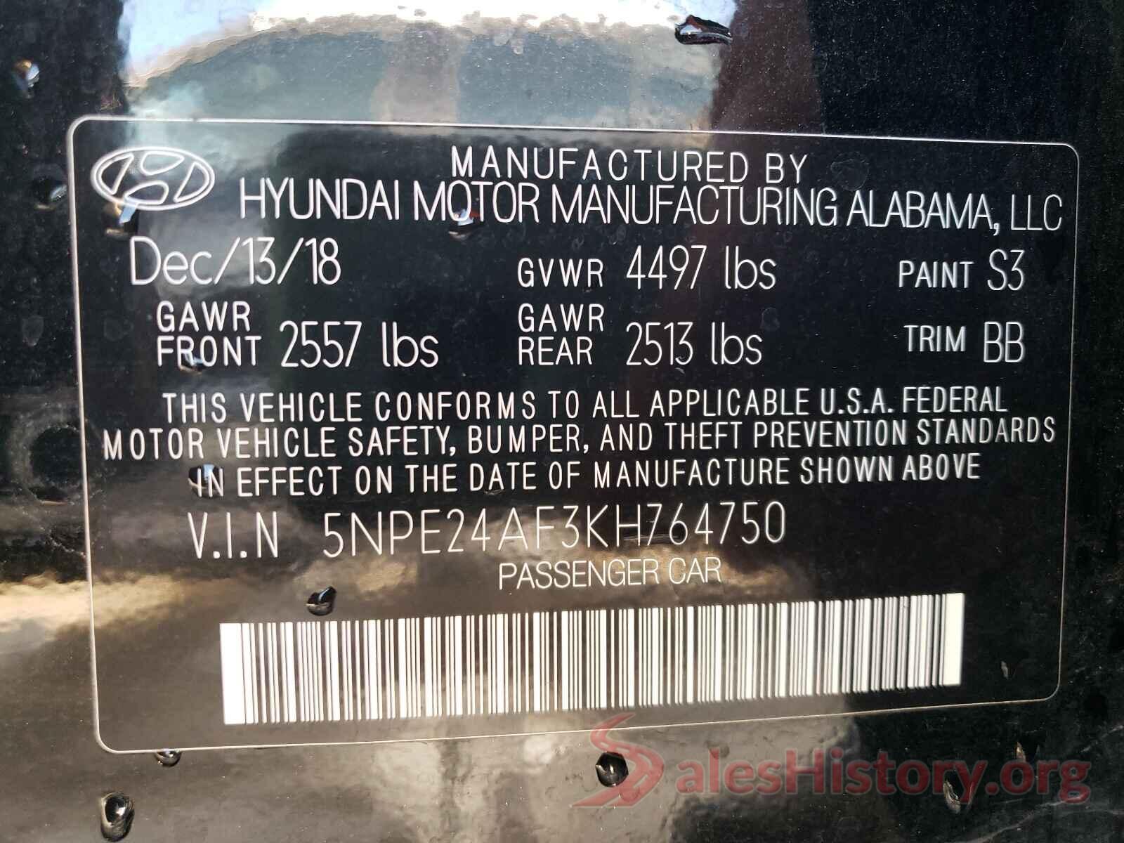 5NPE24AF3KH764750 2019 HYUNDAI SONATA