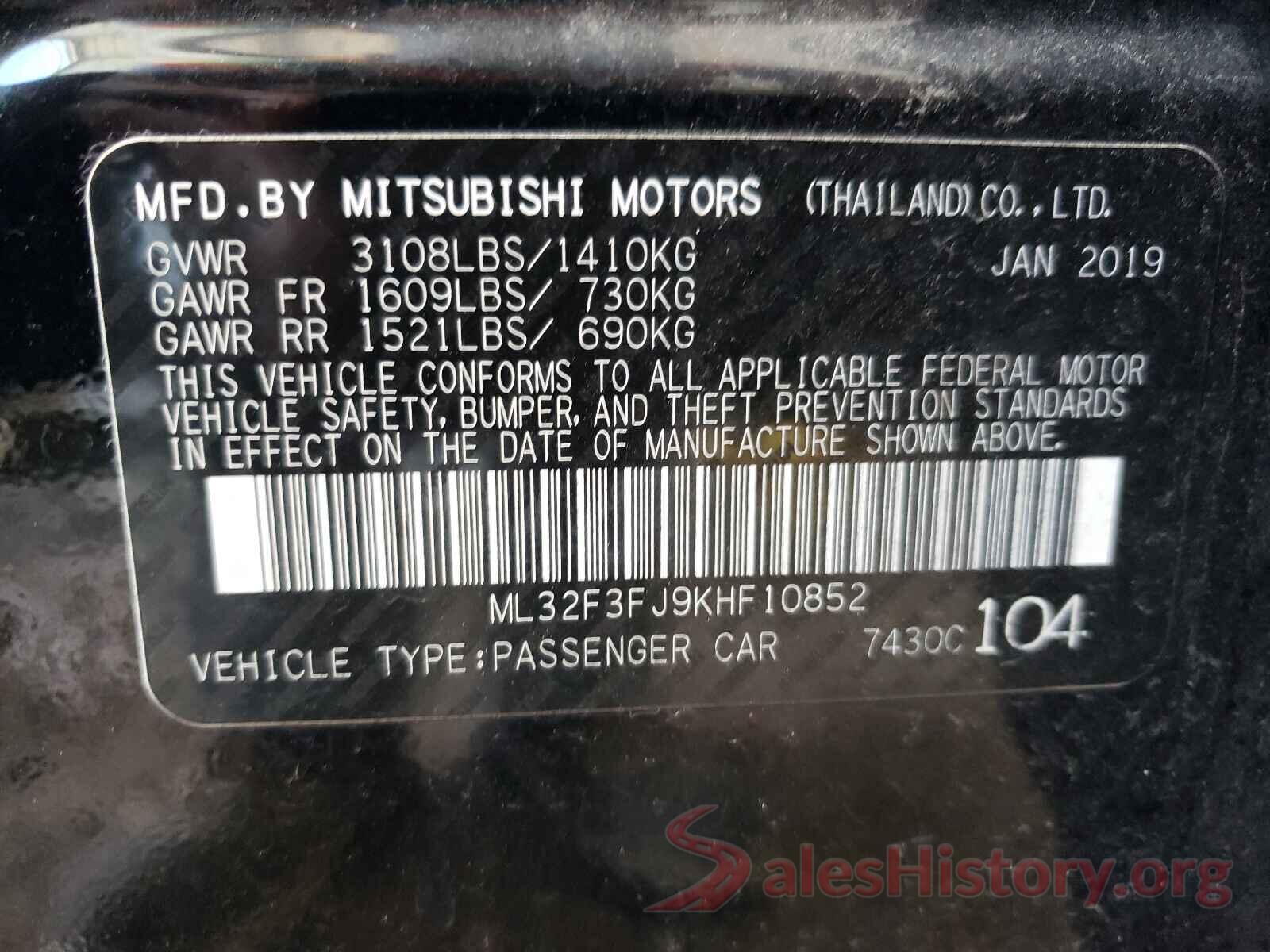 ML32F3FJ9KHF10852 2019 MITSUBISHI MIRAGE