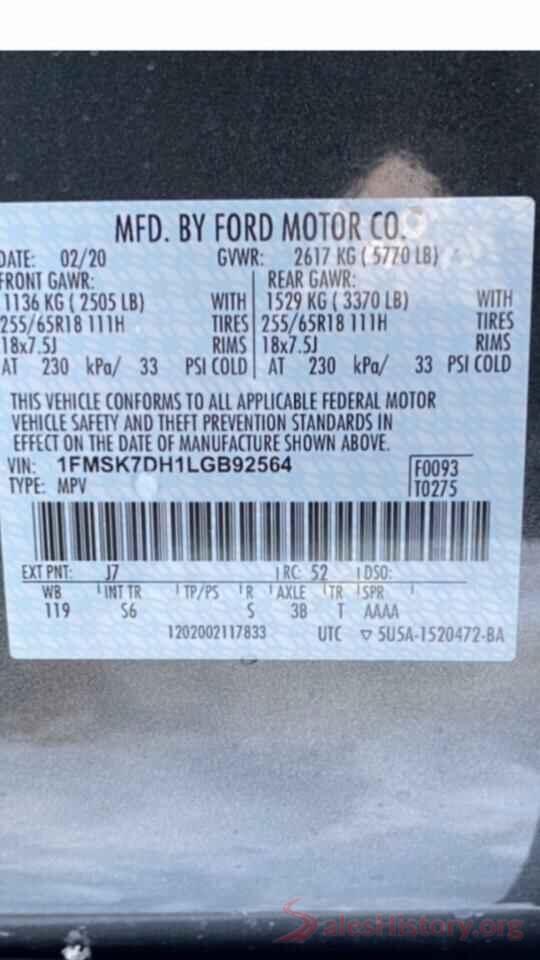 1FMSK7DH1LGB92564 2020 FORD EXPLORER