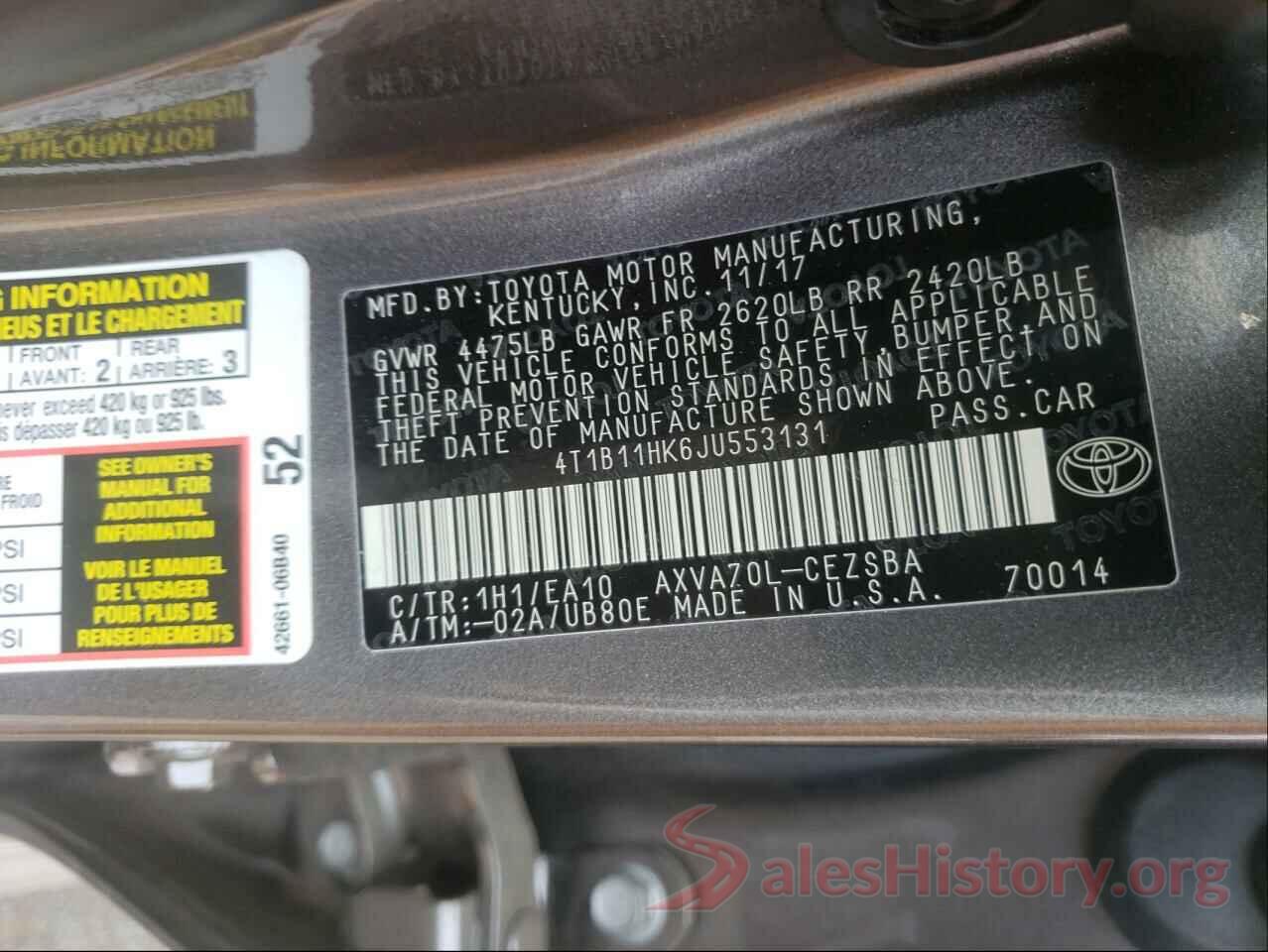 4T1B11HK6JU553131 2018 TOYOTA CAMRY