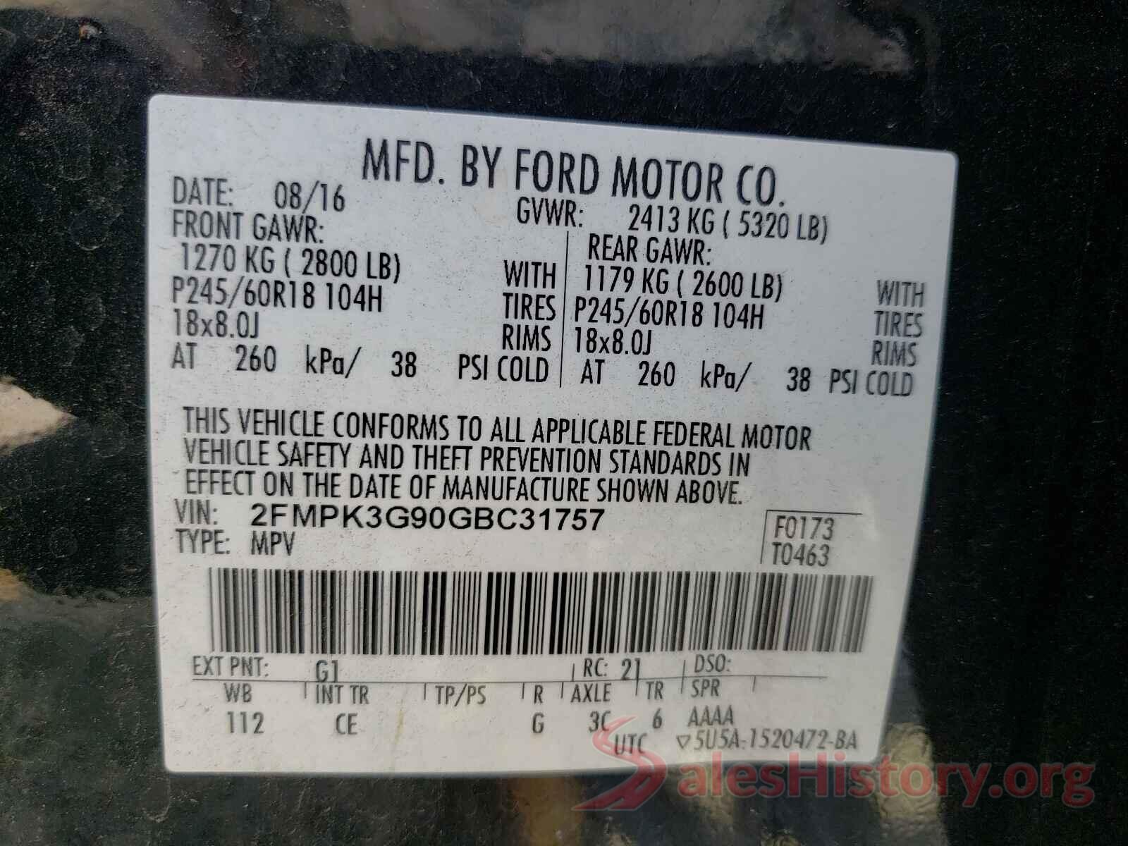 2FMPK3G90GBC31757 2016 FORD EDGE