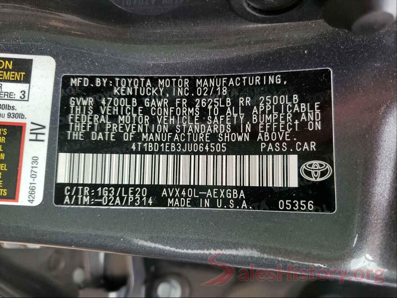 4T1BD1EB3JU064505 2018 TOYOTA AVALON