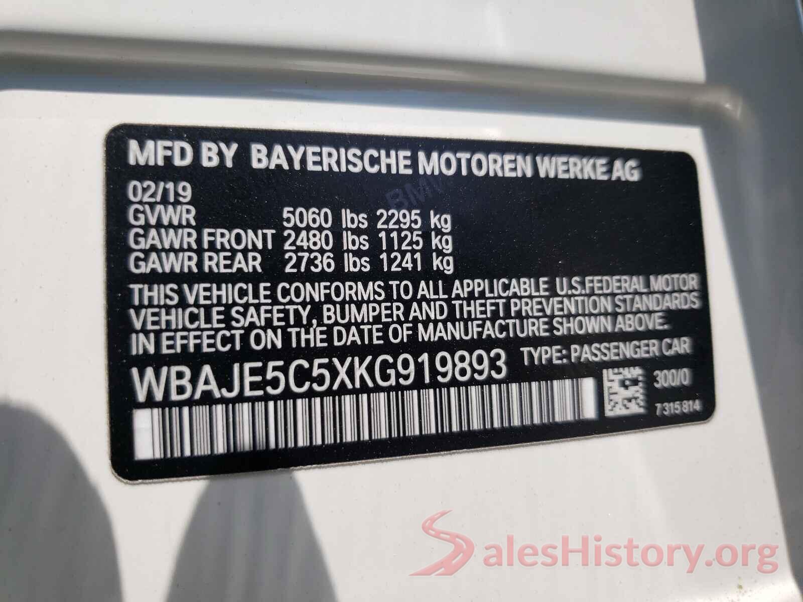 WBAJE5C5XKG919893 2019 BMW 5 SERIES