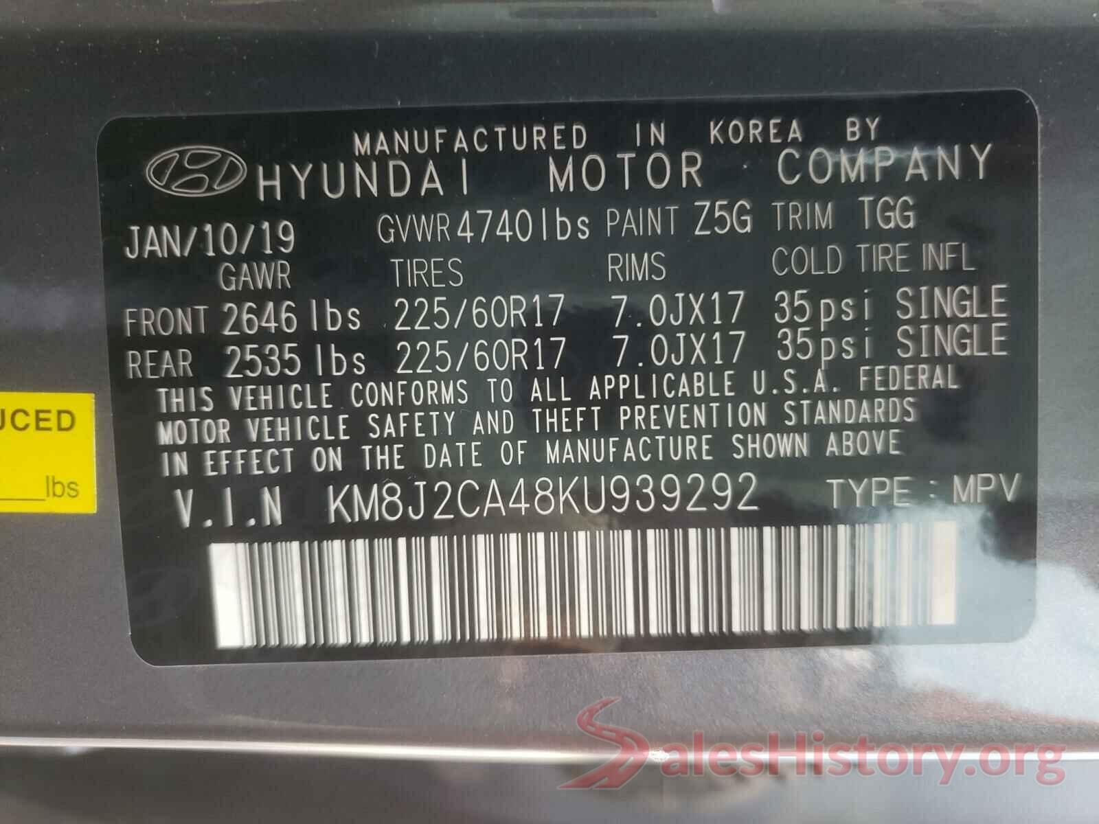 KM8J2CA48KU939292 2019 HYUNDAI TUCSON