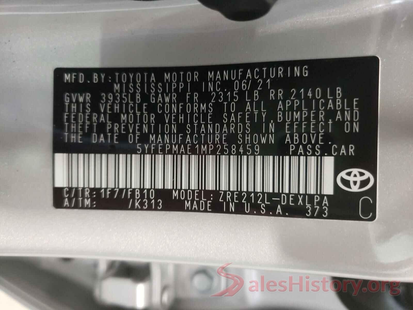 5YFEPMAE1MP258459 2021 TOYOTA COROLLA