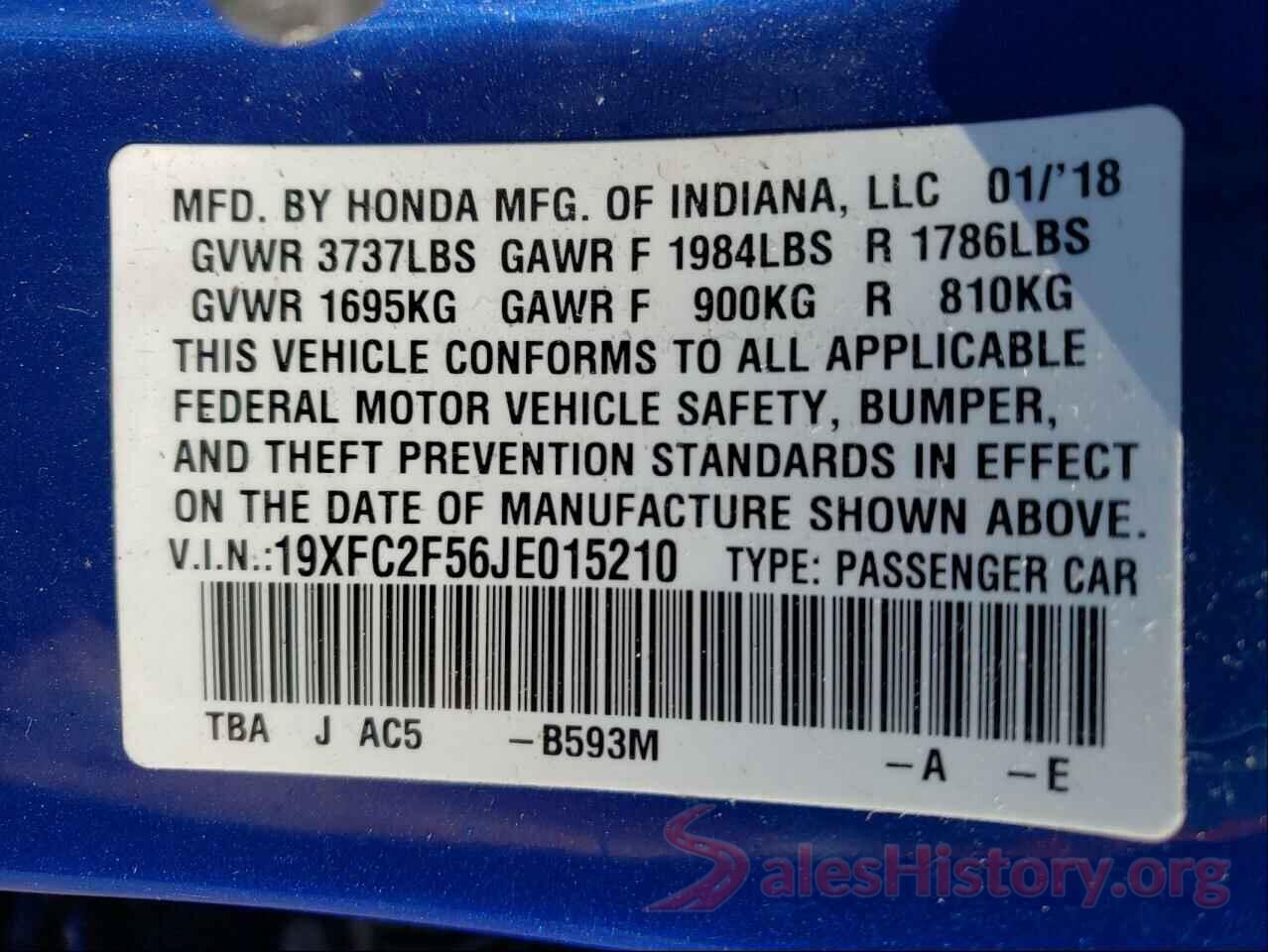 19XFC2F56JE015210 2018 HONDA CIVIC