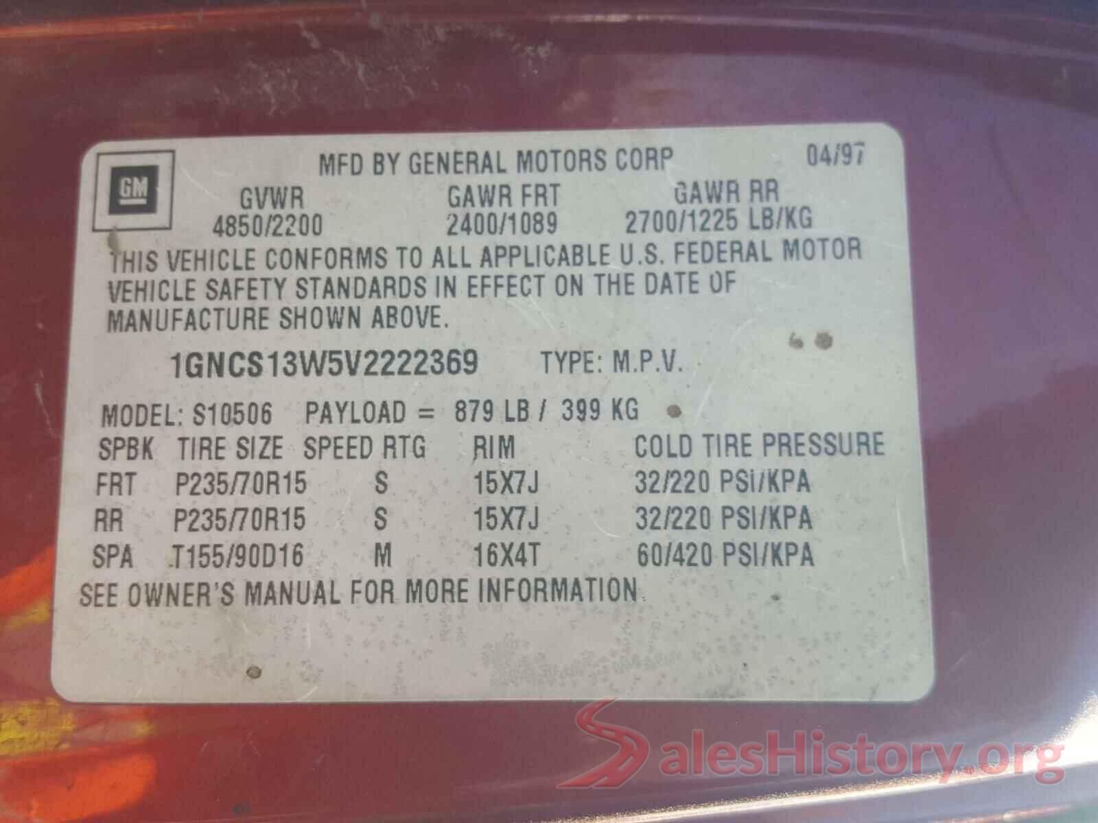 1GNCS13W5V2222369 1997 CHEVROLET BLAZER