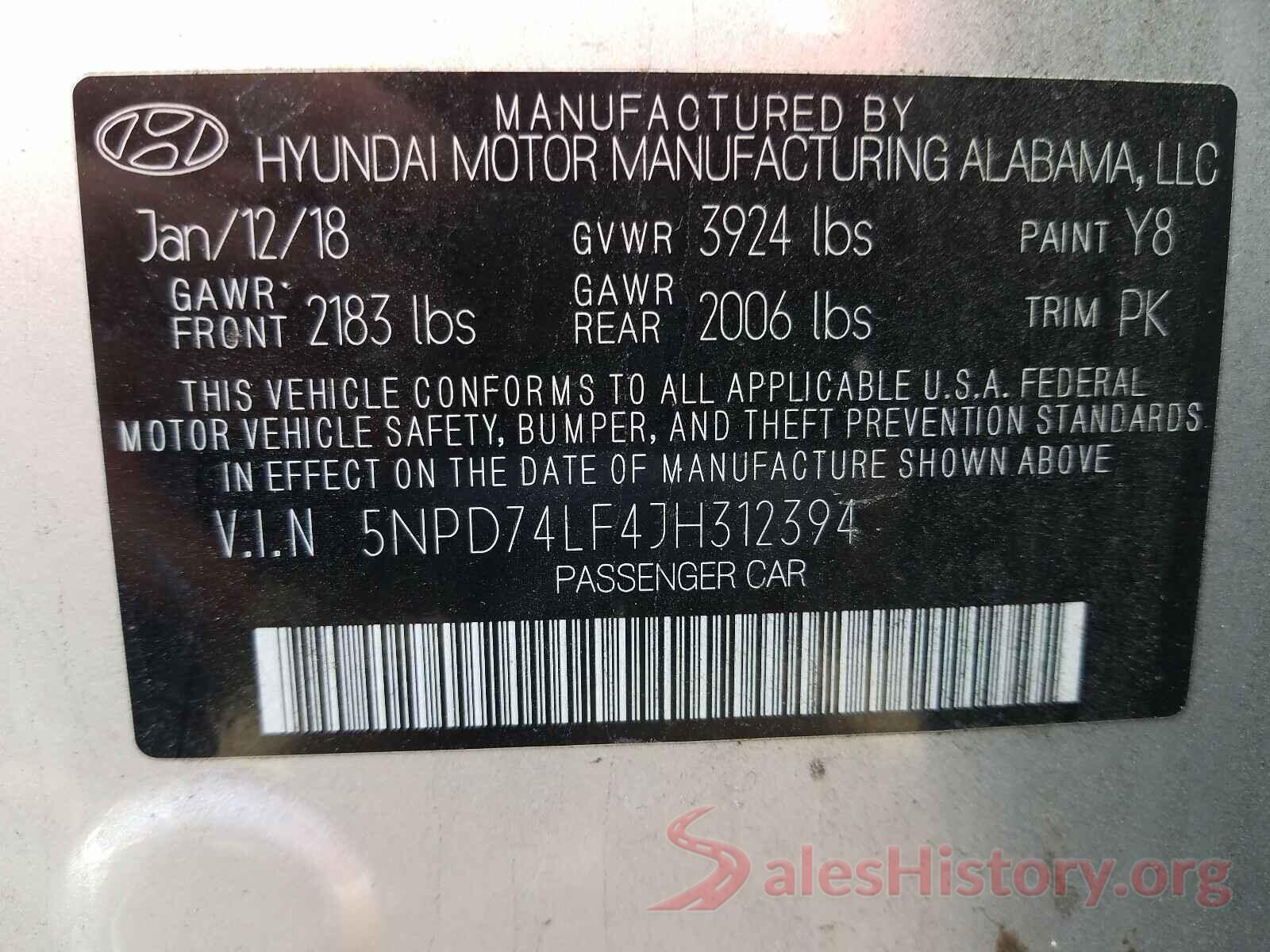 5NPD74LF4JH312394 2018 HYUNDAI ELANTRA