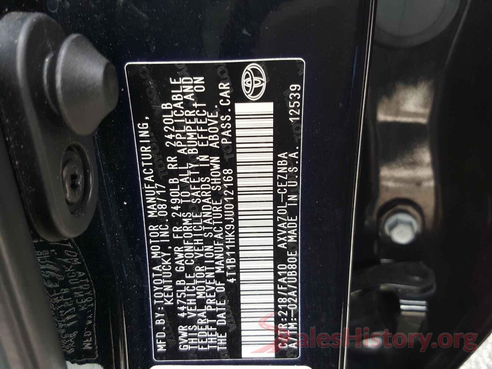 4T1B11HK9JU012168 2018 TOYOTA CAMRY