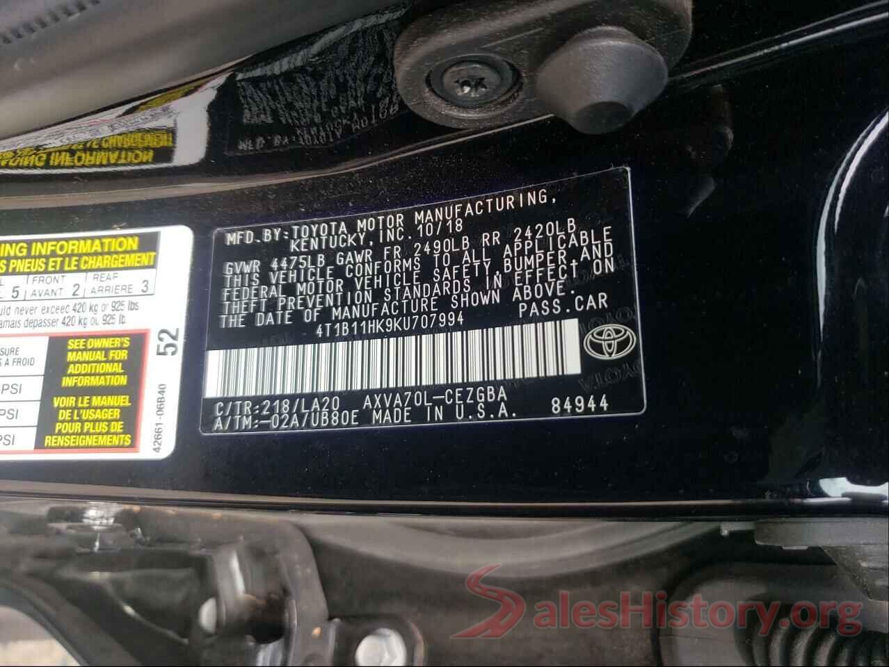 4T1B11HK9KU707994 2019 TOYOTA CAMRY