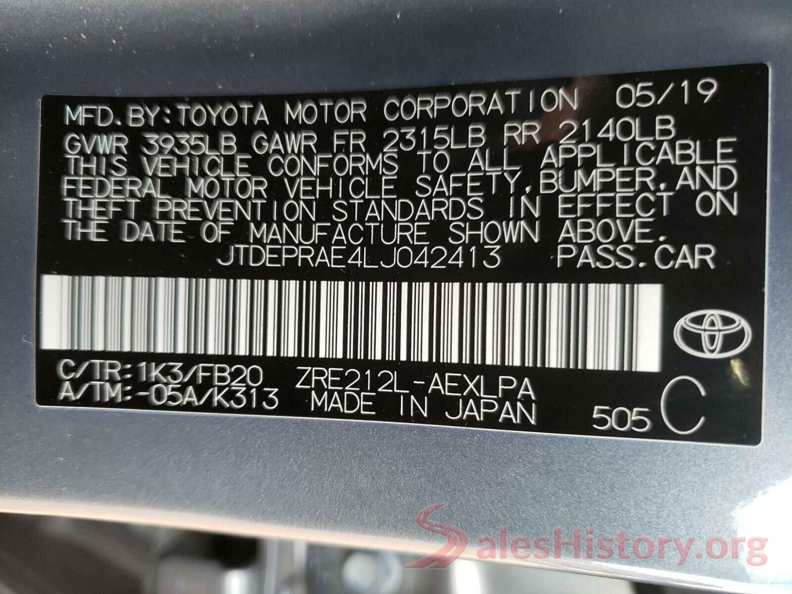 JTDEPRAE4LJ042413 2020 TOYOTA COROLLA