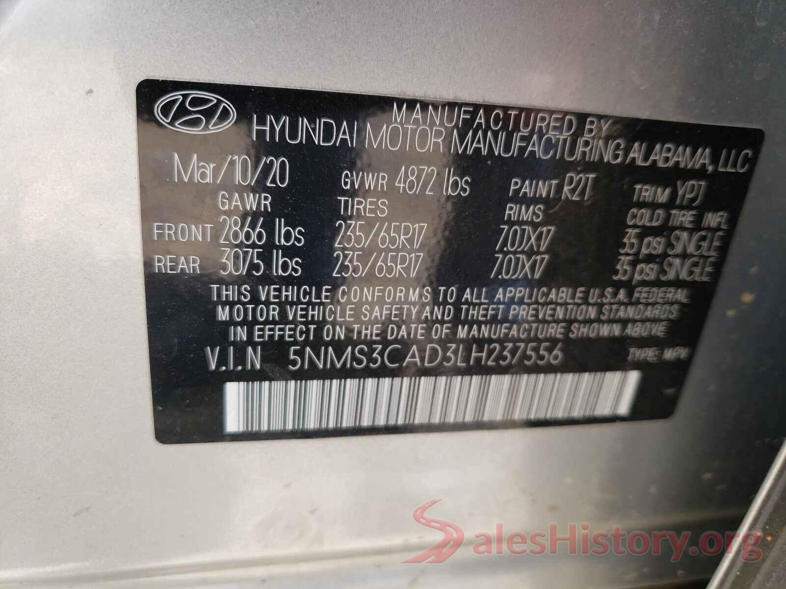 5NMS3CAD3LH237556 2020 HYUNDAI SANTA FE