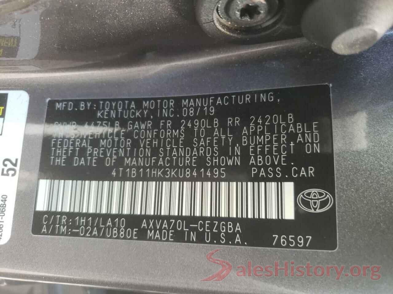 4T1B11HK3KU841495 2019 TOYOTA CAMRY