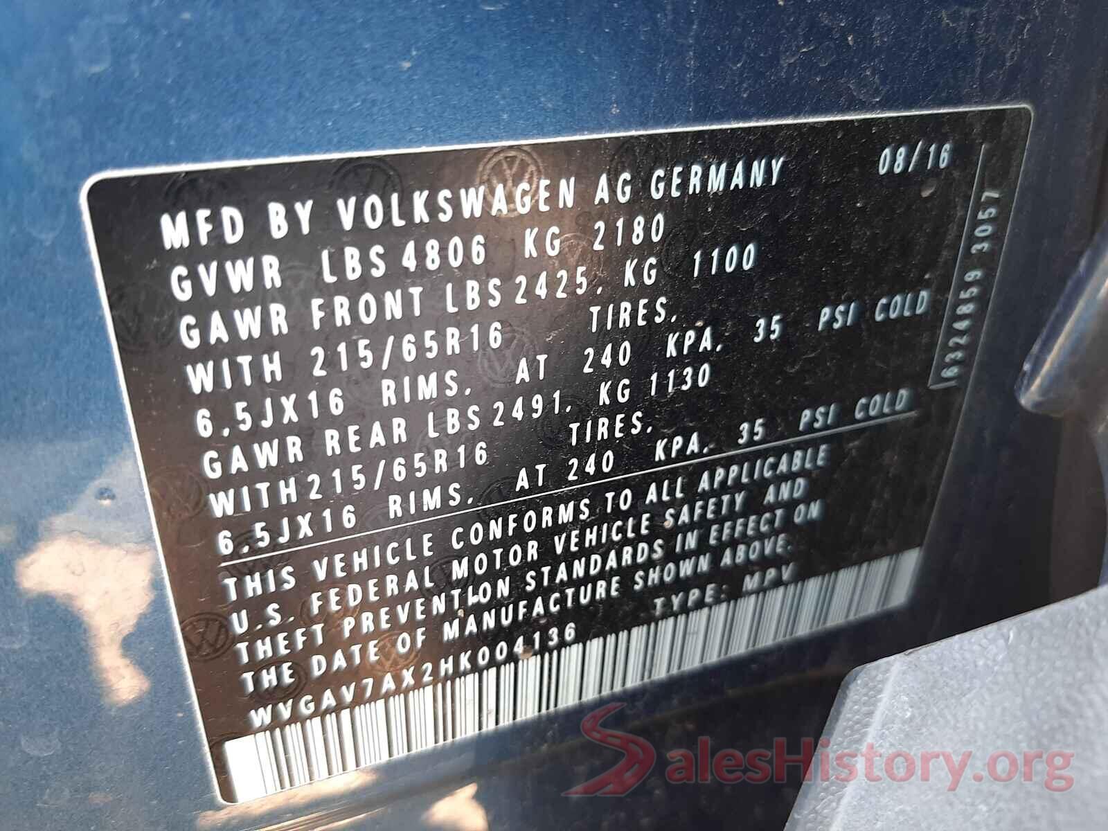 WVGAV7AX2HK004136 2017 VOLKSWAGEN TIGUAN